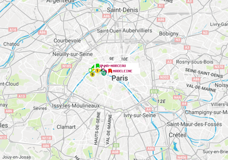 plan itinéraire ratp de Alma-Marceau à Madeleine