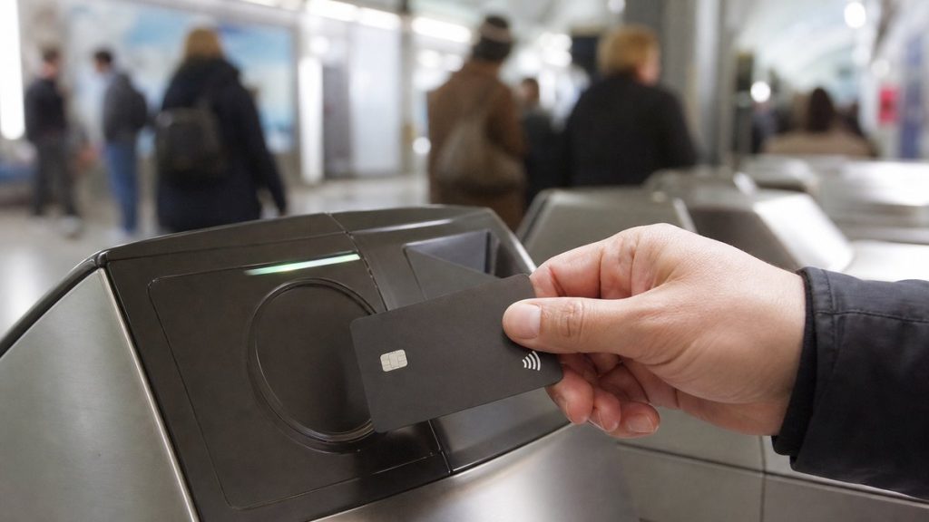 Carte bancaire sans contact devant un valideur de métro parisien