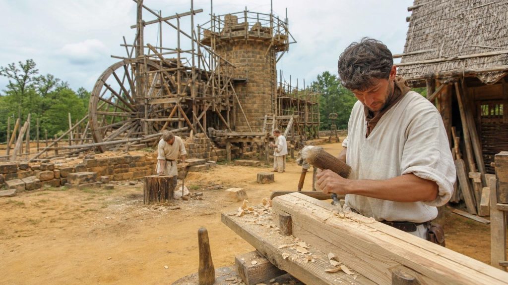 À 1 h de Lyon ce chantier médiéval bâtit un village entier avec les outils de lʼan 1300 et ses ouvriers y vivent en costume : on entre pour le prix dʼune place de cinéma