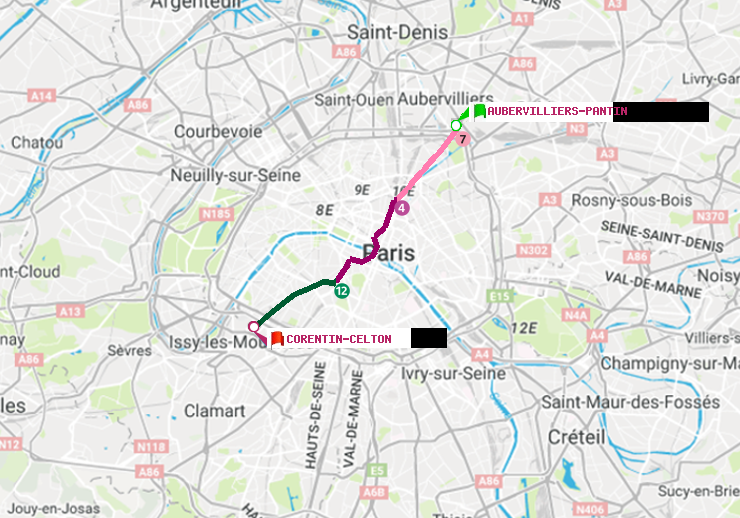 plan itinéraire ratp de Aubervilliers Pantin (4 Chemins) à Corentin-Celton