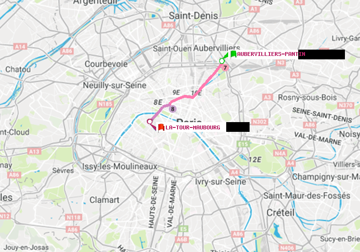 plan itinéraire ratp de Aubervilliers Pantin (4 Chemins) à La Tour-Maubourg