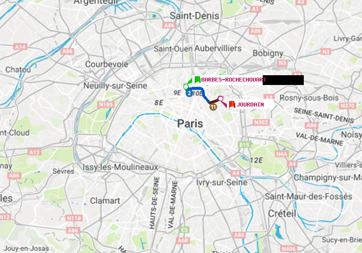 plan itinéraire ratp de Barbès-Rochechouart à Jourdain