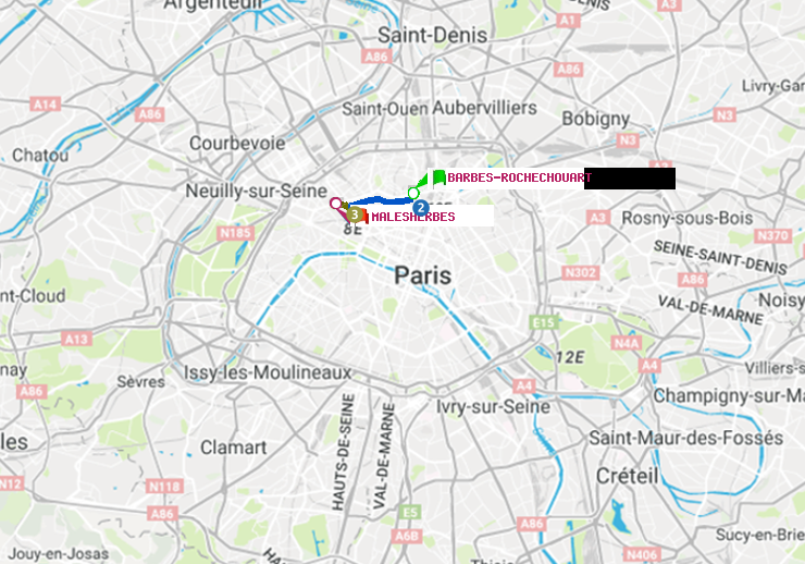 plan itinéraire ratp de Barbès-Rochechouart à Malesherbes
