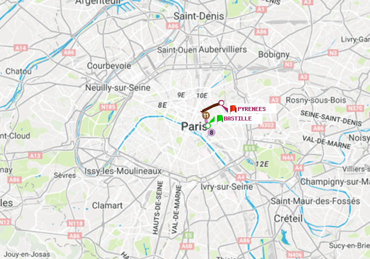 plan itinéraire ratp de Bastille à Pyrenees