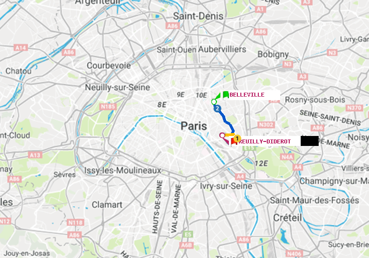 plan itinéraire ratp de Belleville à Reuilly-Diderot