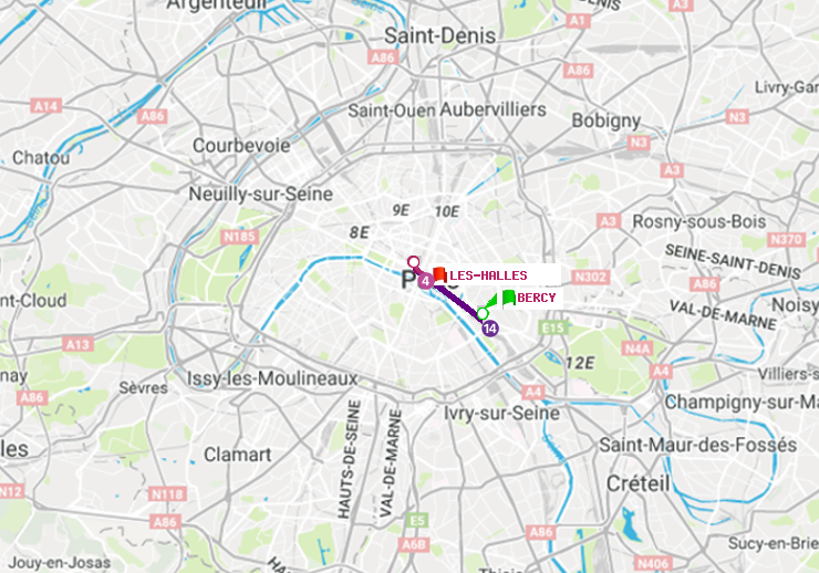 plan itinéraire ratp de Bercy à Les Halles
