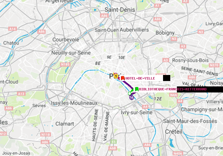 plan itinéraire ratp de Bibliotheque-Francois Mitterrand à Hôtel de Ville