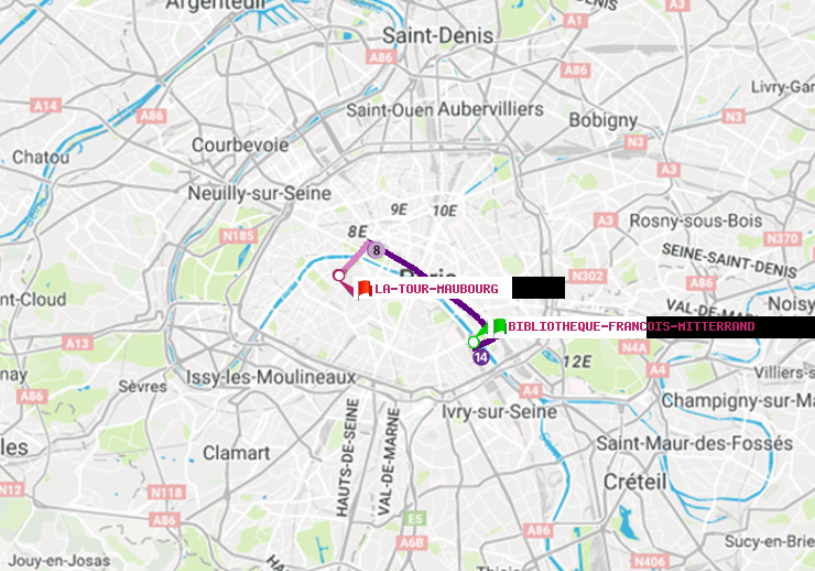 plan itinéraire ratp de Bibliotheque-Francois Mitterrand à La Tour-Maubourg