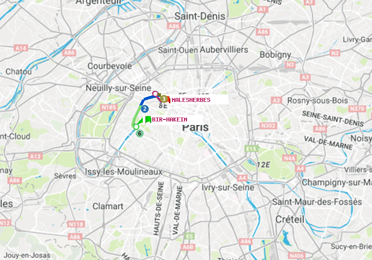 plan itinéraire ratp de Bir-Hakeim (Grenelle) à Malesherbes