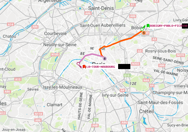 plan itinéraire ratp de Bobigny-Pablo-Picasso à La Tour-Maubourg