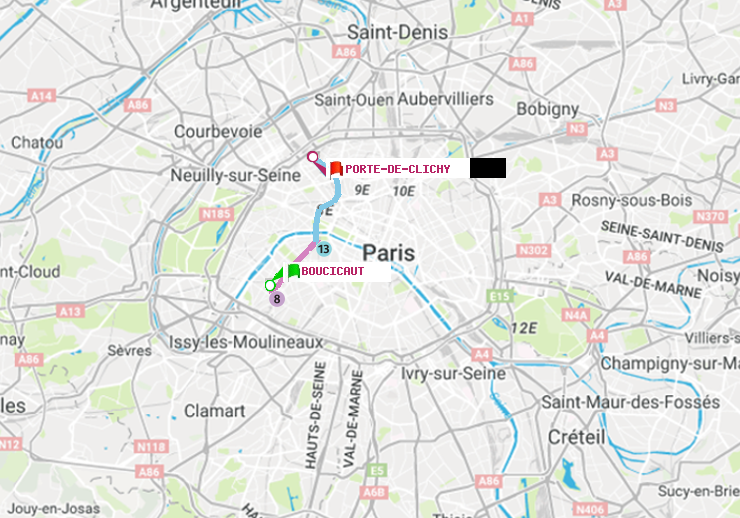 plan itinéraire ratp de Boucicaut à Porte de Clichy