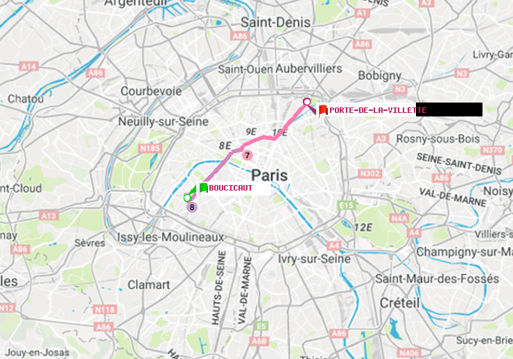 plan itinéraire ratp de Boucicaut à Porte de la Villette