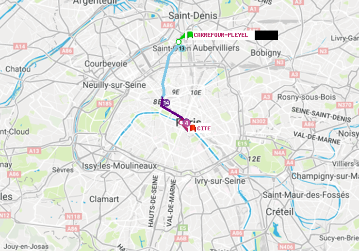 plan itinéraire ratp de Carrefour-Pleyel à Cité