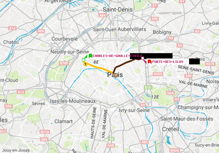 plan itinéraire ratp de Charles de Gaulle-Etoile à Porte des Lilas
