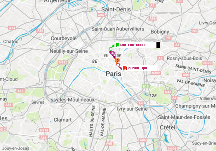 plan itinéraire ratp de Château Rouge à République