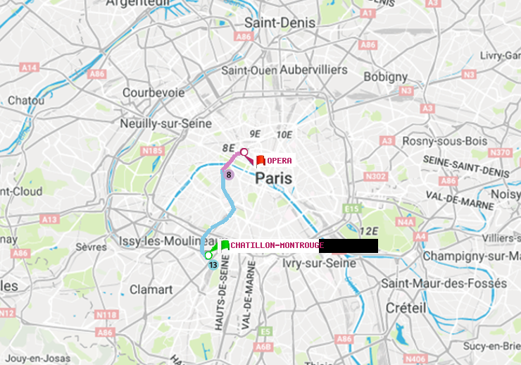 plan itinéraire ratp de Châtillon Montrouge à Opéra
