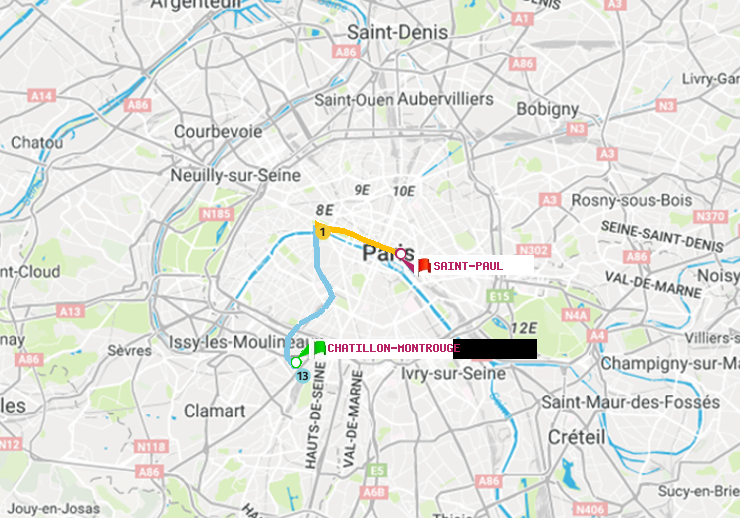 plan itinéraire ratp de Châtillon Montrouge à Saint-Paul (Le Marais)