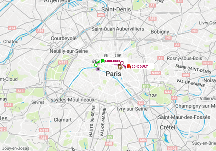 plan itinéraire ratp de Concorde à Goncourt (Hôpital Saint-Louis)