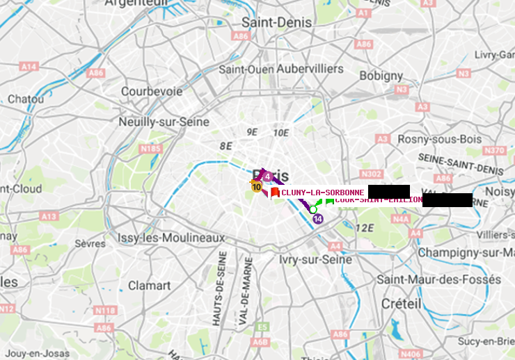 plan itinéraire ratp de Cour Saint-Emilion à Cluny-La Sorbonne