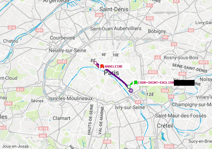 plan itinéraire ratp de Cour Saint-Emilion à Madeleine