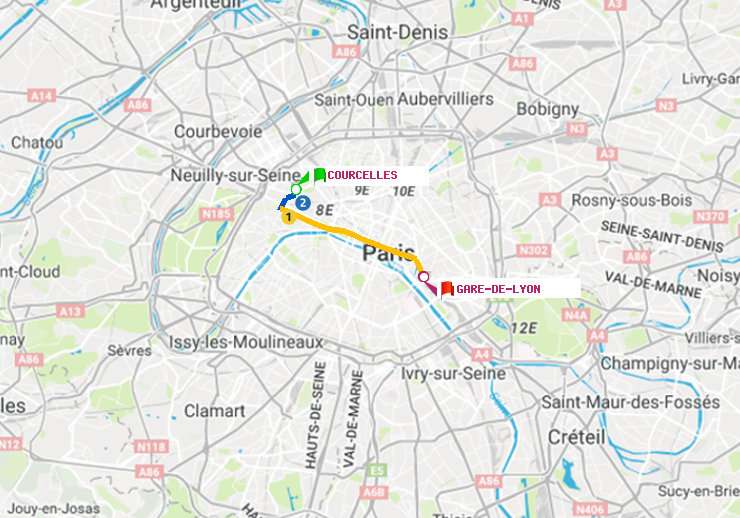 plan itinéraire ratp de Courcelles à Gare de Lyon