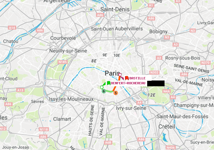 plan itinéraire ratp de Denfert-Rochereau à Bastille