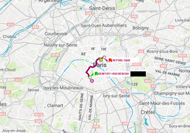 plan itinéraire ratp de Denfert-Rochereau à République
