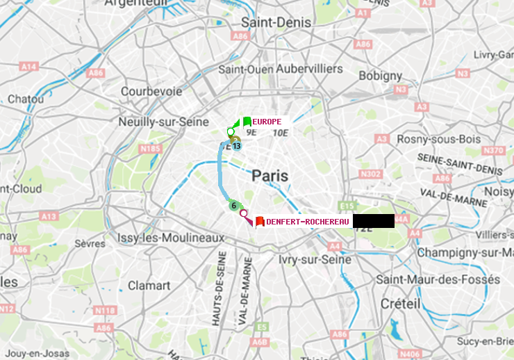 plan itinéraire ratp de Europe à Denfert-Rochereau
