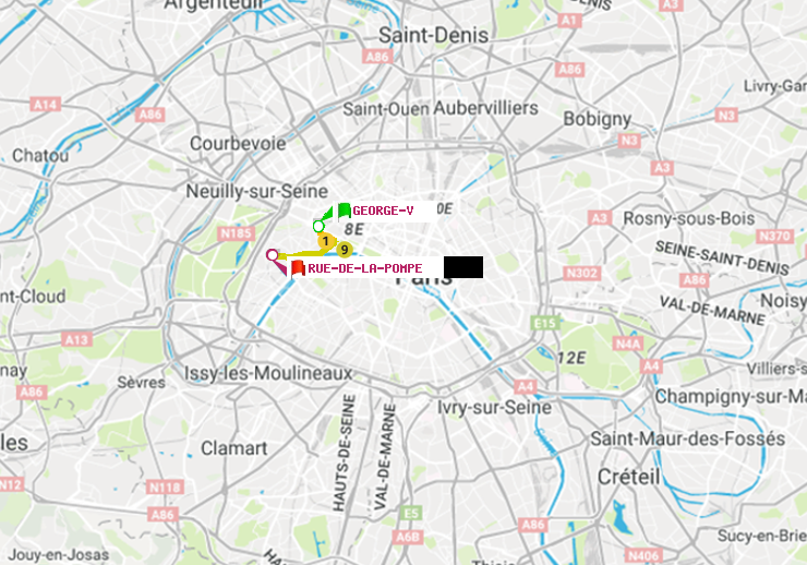 plan itinéraire ratp de George V à Rue de la Pompe (Avenue Georges Mandel)