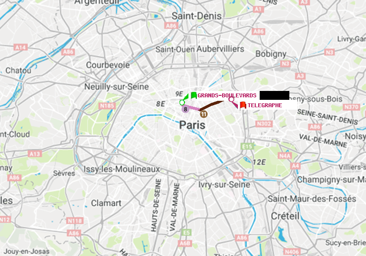 plan itinéraire ratp de Grands Boulevards à Telegraphe