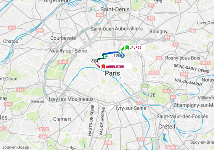 plan itinéraire ratp de Jaurès à Madeleine