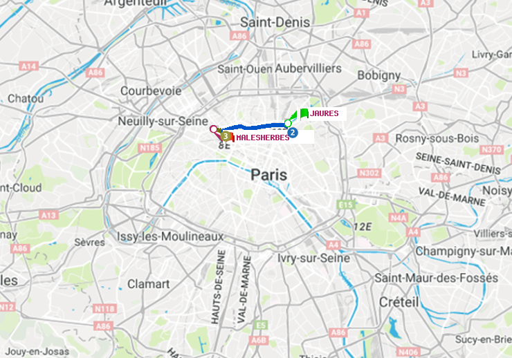 plan itinéraire ratp de Jaurès à Malesherbes