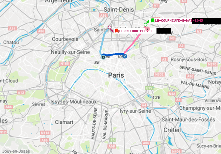 plan itinéraire ratp de La Courneuve-8-Mai-1945 à Carrefour-Pleyel