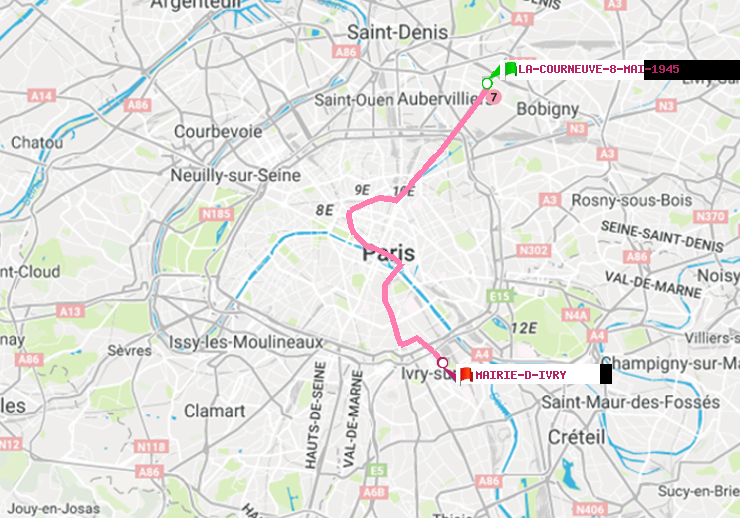 Métro Paris itinéraire de La Courneuve8Mai1945 à Mairie d'Ivry