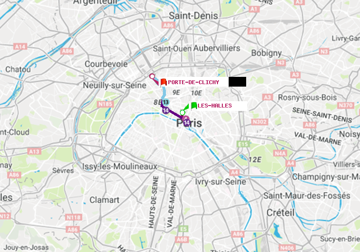 Métro Paris : itinéraire de Les Halles à Porte de Clichy