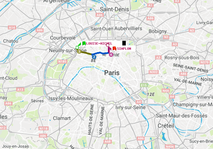 Métro Paris : itinéraire de Louise Michel à Simplon