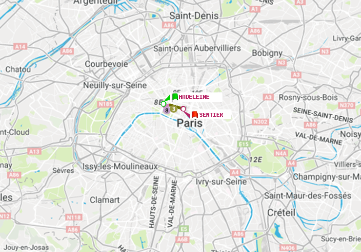 plan itinéraire ratp de Madeleine à Sentier