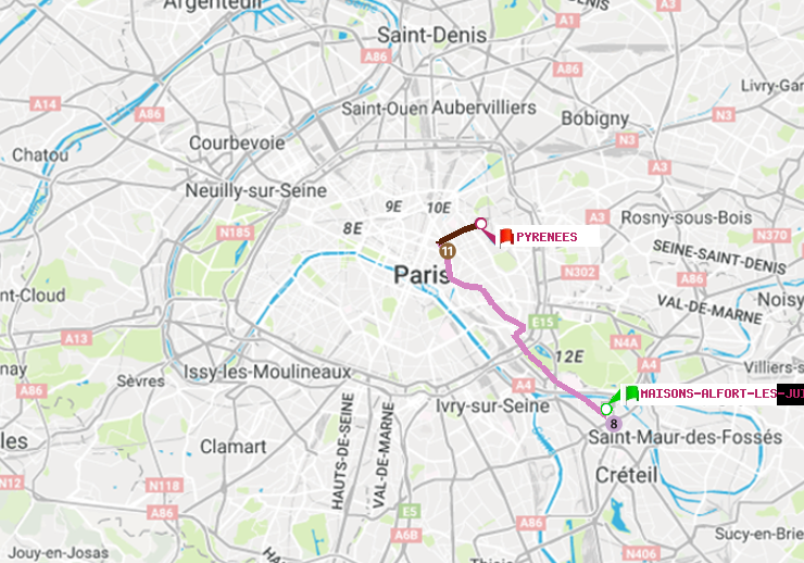 plan itinéraire ratp de Maisons-Alfort-Les Juilliottes à Pyrenees