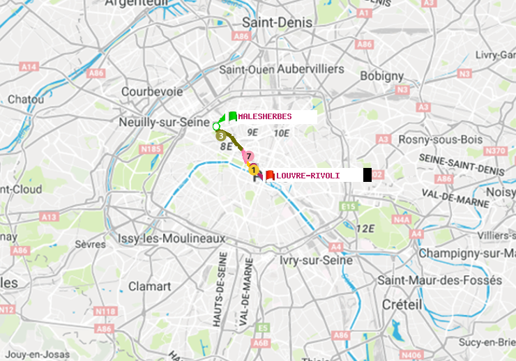 plan itinéraire ratp de Malesherbes à Louvre-Rivoli