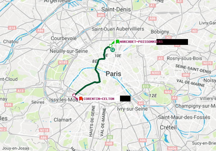 plan itinéraire ratp de Marcadet-Poissonniers à Corentin-Celton
