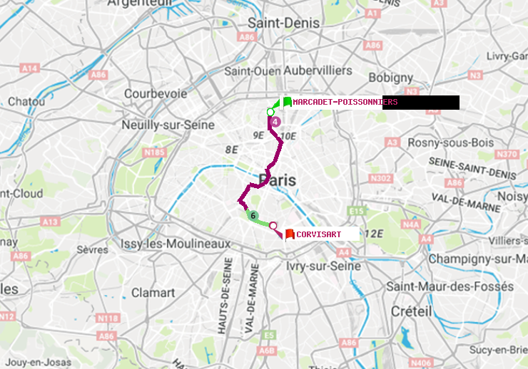 plan itinéraire ratp de Marcadet-Poissonniers à Corvisart