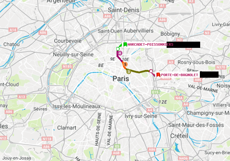 plan itinéraire ratp de Marcadet-Poissonniers à Porte de Bagnolet