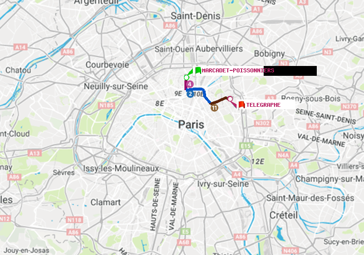 plan itinéraire ratp de Marcadet-Poissonniers à Telegraphe