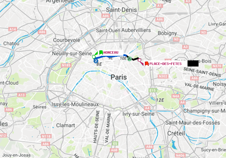 plan itinéraire ratp de Monceau à Place des Fêtes