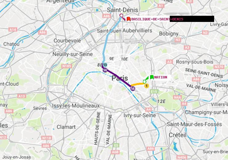 plan itinéraire ratp de Nation à Basilique de Saint-Denis