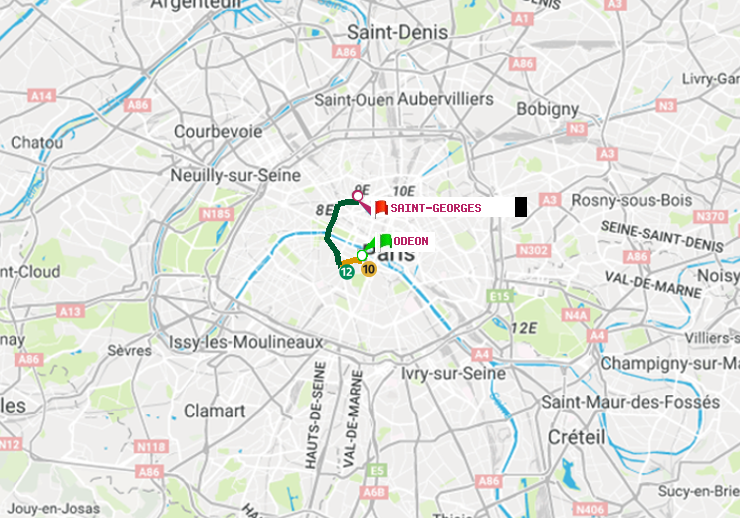 plan itinéraire ratp de Odéon à Saint-Georges