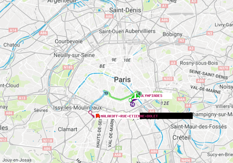 plan itinéraire ratp de Olympiades à Malakoff-Rue Etienne Dolet