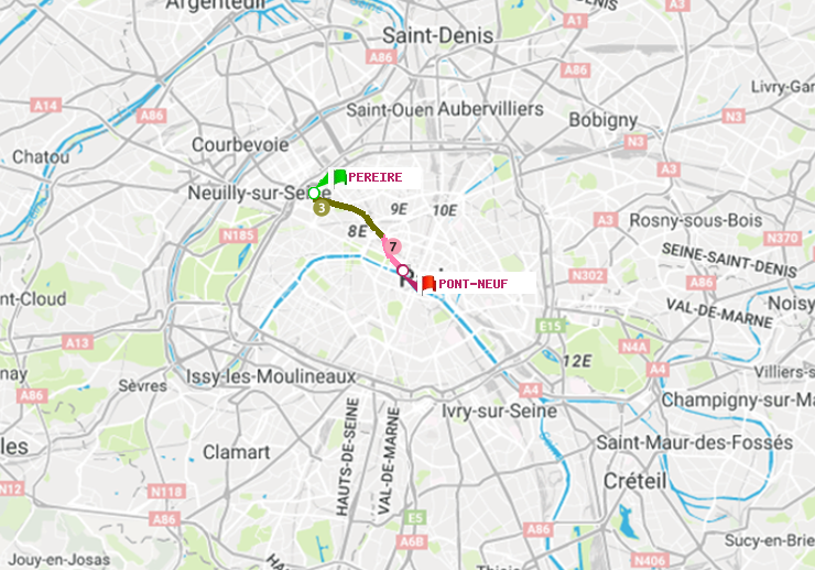 plan itinéraire ratp de Péreire à Pont Neuf