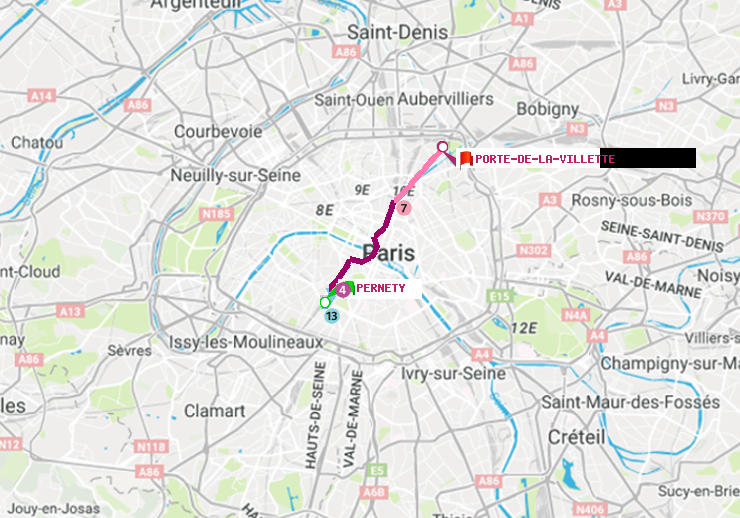 plan itinéraire ratp de Pernety à Porte de la Villette