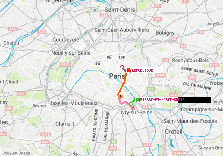 plan itinéraire ratp de Pierre et Marie Curie à République
